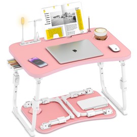 Lap Desk for Bed Adjustable Height, Foldable Bed Table with Storage Drawer, Tablet Slot & Cup Holder, Portable Laptop Stand for Bed & Sofa, Bed Desk for Adults & Kids, Pink