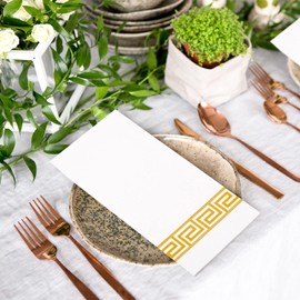 LEKOCH Pack of 100 Disposable Napkins, White with Gold Design, Air Laid Fabric-Like Napkins for Weddings, Premium Quality, 43 x 30 cm