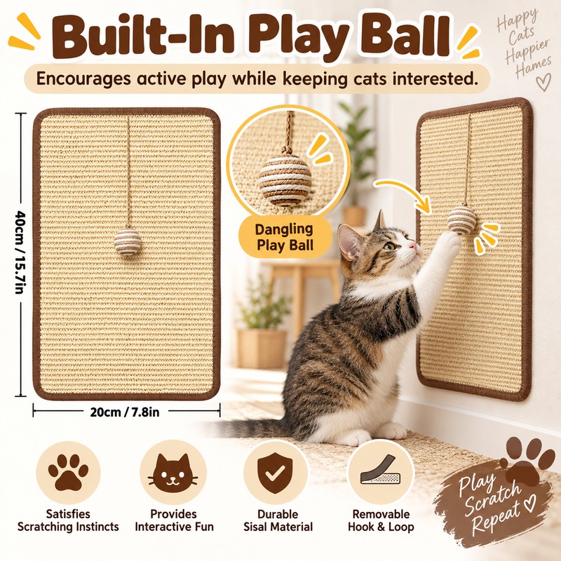 Sisal Cat Scratcher Replacement Pad with Hanging Ball – 40