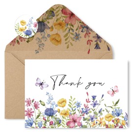 FYSUIMU 24 Pack Floral Thank You Cards Bulk Butterfly Flower Greeting Cards with Envelopes Stickers Blank Note Cards for Spring Birthday Baby Shower Party Supplies, 4 x 6 Inch