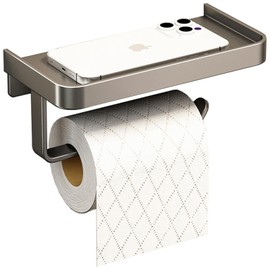 Toilettenpapierhalter – Klopapierhalter ohne Bohren (Grau) – WC Rollenhalter mit Ablage für Badezimmer – Selbstklebend Oder Schraubbar Klopapierhalter, Rostfrei, Wasserdicht – Für Klorollen, Handy