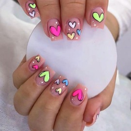 YOSOMMK Press on Nails Short Square Fake Nails with Cartoon Heart Designs Cute Matte Colorful Full Cover Stick on Nails Glue on Acylic Nails for Women and Girls