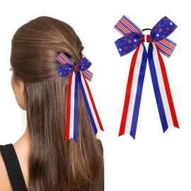 Independence Day Hair Ties Bow Rubber Bands for Hair Elastics American Flag Long Ribbon Hair Accessories for Women July 4th Ponytail Holders Hair Styling 1Pcs (Style A)