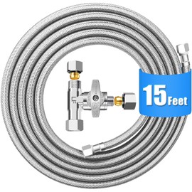 Refrigerator Water Line Kit - 15FT Stainless Steel Braided Ice Maker Water Line with Tee Stop Valve,Foodgrade PEX Inner Hose Fridge Water Line with 1/4" Comp Fitting and Tee Valve