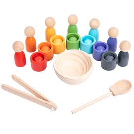 Montessori Balls in Cups Wooden Peg Dolls in Cups Age 1+ Toddler Color Sorting and Matching Game Preschool Learning Educational Fine Motor Skill Toy for Kids