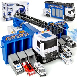 Coroiesty 3-in-1 Large Fire Truck Toy with Garage & 6 Cars, Water Pump, Extendable Ladder, Lights & Siren Sounds, Fire Rescue Truck Vehicle Toy for Boys Girls 3+, Christmas Birthday Gift