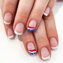French Tip Press on Nails Independence Day Fake Nails Short Square False Nails with American Flag Designs Glue on Nails Full Cover Acrylic Nails Nude Glossy Stick on Nails for Women 24Pcs