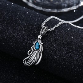 KATHLU Feather Necklace for Men Women 925 Sterling Silver Feather Pendant Turquoise Feather Jewelry with Stainless Steel Link Chain, Sterling Silver, Turquoise
