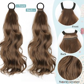 Rosooi Portable Ponytail Extensions for Women Synthetic Brown Short Wavy Ponytail Extensions for Daily Party Use