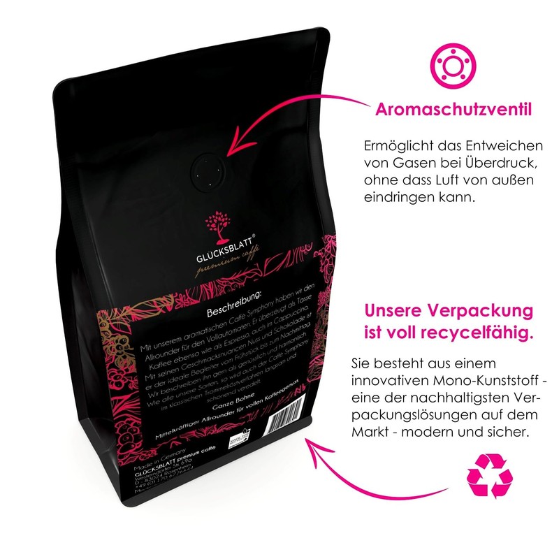 Glucksblatt Premium Caffe Symphony Whole Beans Medium Strength Roasting Intense