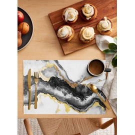 Abstract Marble Texture Placemats Set of 4 Black White Gold Ripples Non Slip Washable Table Mats Set Modern Art Table Placemats for Kitchen Dining Table Wedding Holiday Party Decoration