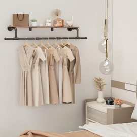 YheenLf Wooden, Space Saver Wall Mounted Garment Rack, Heavy Duty Iron Industrial Pipe Clothes Rack Shelf with Hanging Rod, 51.2×10.2×5.9 Inch,Black
