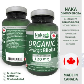 NAKA Naka Platinum ORGANIC Ginkgo Biloba Extra Strength, Supports Cognitive Function, 120 mg per capsule, BONUS SIZE 75 Veggie Caps (60+15 Free)