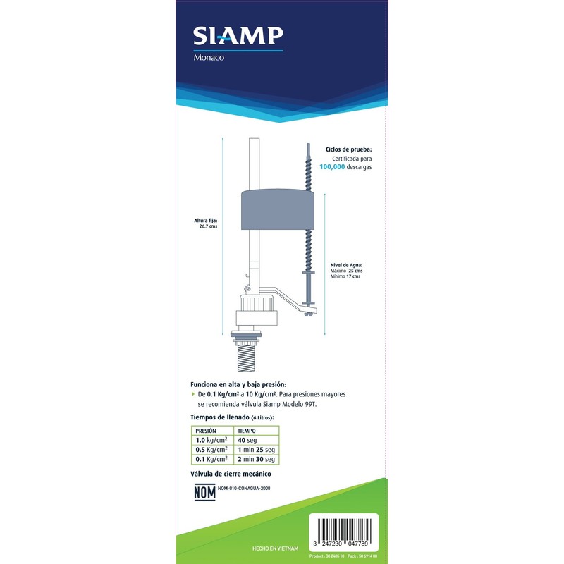 SIAMP Válvula de llenado para tanque de inodoro/sanitario modelo R24BR