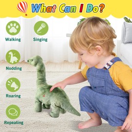 Walking Electric Dinosaur Singing Toy, Green Brachiosaurus Nodding, Roaring, Repeating What You Say, Touch & Button Control Eyes Turn Red Realistic Pet, for 3-7 Years Old Kids Christmas Birthday Gift