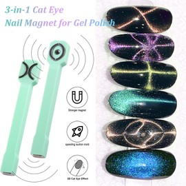 Cat Eye Magnet for Nails & French Tip Brush Set, 3-in-1 Nail Magnet Stick, Upgraded Cateye Magnet Tool for 3D Magnetic Cat Eye Gel Polish Nail Art, Nail Clean Up Brush for Salon & Home(NAT266-Green)