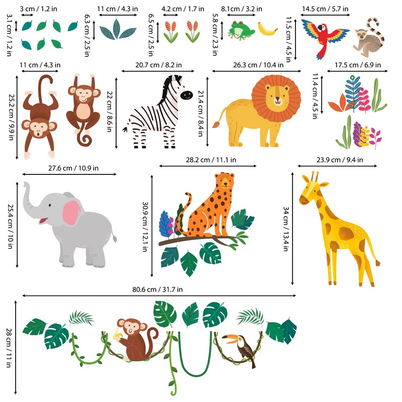 DECOWALL DSL-8057 Jungle Animals Wall Stickers Safari Giraffe Cheetah Monkey