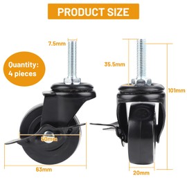 DBREAKS Pack of 4 Swivel Castors, Diameter 50 mm Furniture Castors, M8 Transport Castors with Brake, Heavy Duty Castors for Furniture, Swivel Castors, Load Capacity 50 kg per Castor (Black)