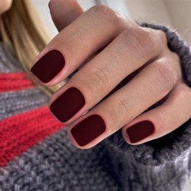 Matte Wine Red Press on Nails Short Square KXAMELIE Natural Short Gel Nails Glue on Acrylic Nails Press ons Featured Protective Coat Reusable Fake Nails Solid Color Short Coffin Artificial Nails 24Pcs