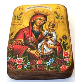 Handmade Wooden Greek Christian Orthodox Icon of Virgin Mary of Unwithered Rose / A0