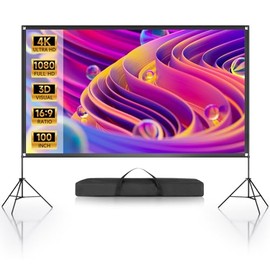 Projector Screen and Stand, 100 inch Portable Projector Screen Indoor Outdoor Projector Screen 16:9 4K 1080p HD Wrinkle-Free Rear Front Projection Screen with Carry Bag for Backyard Movie Night