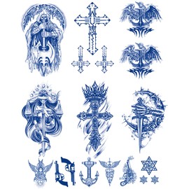 PADOUN Knight Cross Sword Temporary Tattoos - 12 Sheets of Semi-Permanent Waterproof Stickers, Long-Lasting for 1-2 Weeks - Perfect for Women, Adults, Girls, and Kids