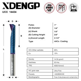 XDENGP O Flute Up Cut Spiral Router Bit for CNC, 1/4 inch Cutting Diameter and 3/4 inch Cutting Length 1/4 inch Shank with NACO Coated, Carbide End Mill for for Plastic Acrylic PVC MDF Cutting
