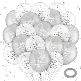 Rumia 20Pcs 25th Silver Anniversary Balloons, White Gold Happy Wedding Balloons for Decorations, Party Decorations 12 inches, (B1F82)