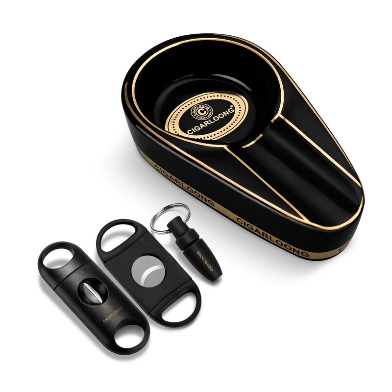 CIGARLOONG Cigar Ashtray and Cutter Set.Ceramic Ashtray with V Cutter,Guillotine