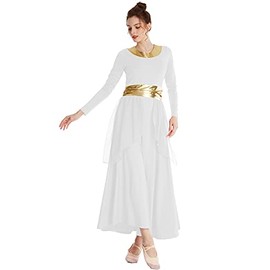 MYRISAM Women Praise Dance Robe Liturgical Worship Metallic Waistband Long Sleeve Dress Chiffon Skirt Lyrical Costume White S