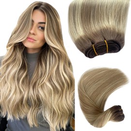 Sew in Hair Extensions Real Human Hair,22 Inch 120G Hand Tied Weft Hair Extensions Human Hair Weave Bundles Ombre Brown to Ash Blonde Balayage Blonde Human Hair Wefts Hair Extensions for Thin Hair