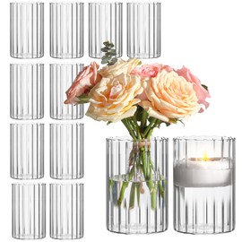 ComSaf Glass Cylinder Vases Pack of 12, Clear Ribbed Bud Vases for Centerpieces Weeding Decoration, 6 inch Tall Clear Flower Vases in Bulk, Hurricane Candle Holder for Party Home Decor