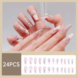 CATKIN 24PCS Long False Nails with Glue Stickers, Press on Nails no Glue for Women Girls Medium Square Decoration Fake Nails