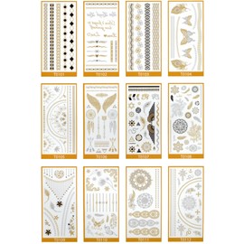 Set of 12 Celebrity Favorite Tattoo Stickers Metallic Gold Sparkle Like Gold Jewelry Safe and Long Lasting Sleek Design Complete Set of 12 (T0100A)