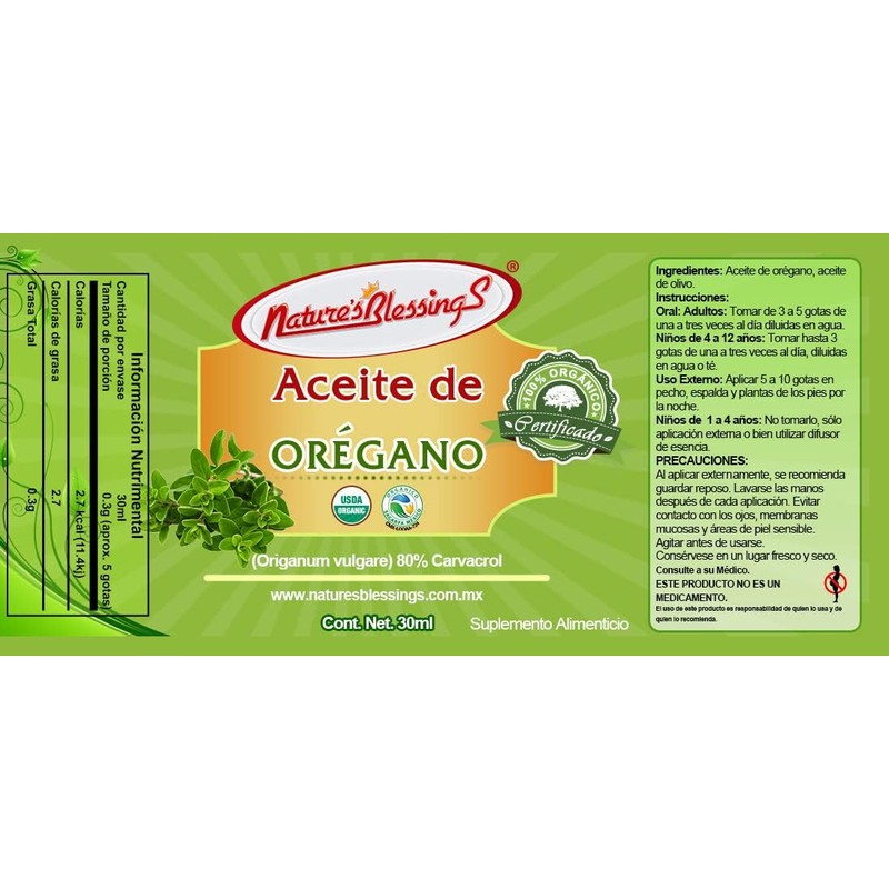 Nature's Blessings Aceite de Orégano 100% Orgánico, 80% Carvacrol, Grado