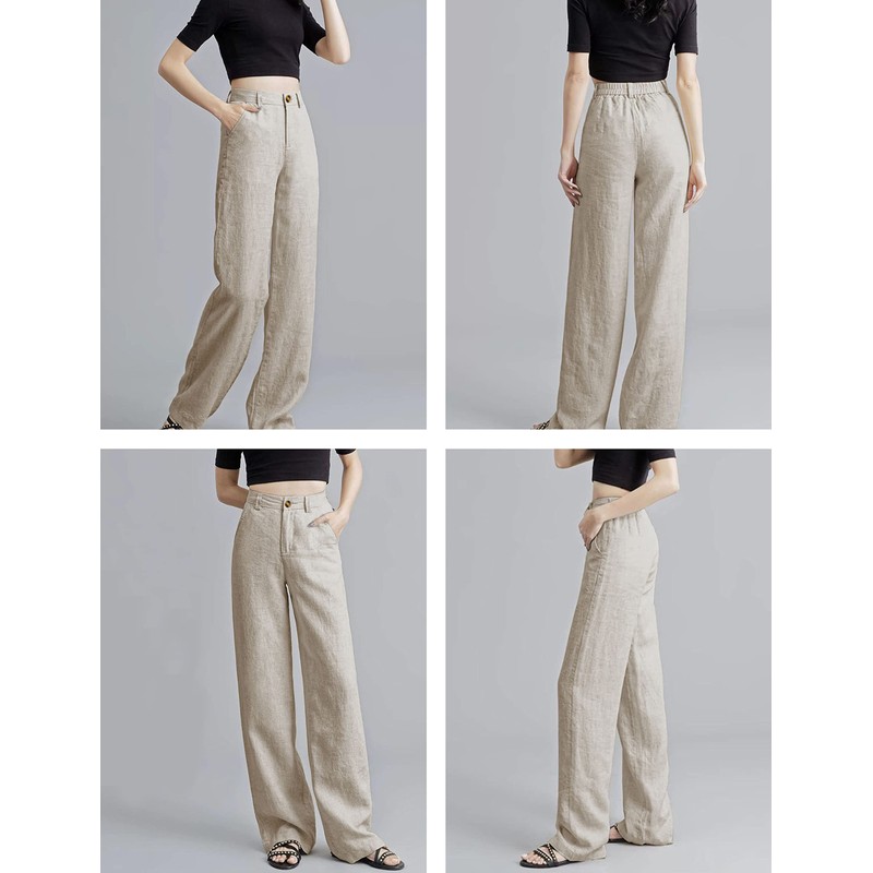 Hooever Womens Cotton Linen Pants Casual Button Up High Waisted