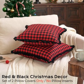 CARRIE HOME Red and Black Plaid Christmas Decorations Pillow Covers 18x18 Set of 2 with Tassels, Black and Red Plaid Christmas Decor Pillows, Red Christmas Buffalo Checkered Outdoor Pillow Cover