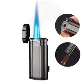 NIVEK Cigar Lighter, Triple Jet Flame Butane Torch Lighters, Refillable Windproof Adjustable 3 Flame Black Chrome, Blue Flame