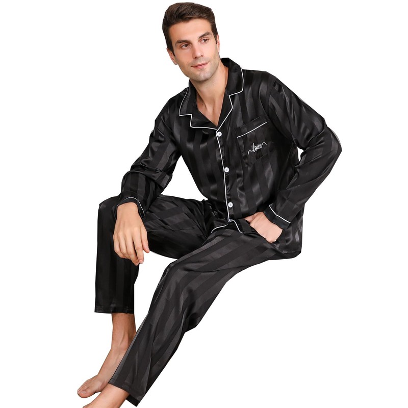 RuanMM Mens Satin Long Sleeve Silky Pajamas Premium Button Down