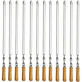 Amestar 12 Pack Kabob Skewers BBQ Barbecue Skewers Stainless Steel Sticks 23.5 Inch Heavy Duty Large Wide Reusable with Nonslip Wooden Handle Ideal for Shish Kebab Chicken Shrimp and Vegetables