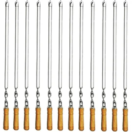 Amestar 12 Pack Kabob Skewers BBQ Barbecue Skewers Stainless Steel Sticks 23.5 Inch Heavy Duty Large Wide Reusable with Nonslip Wooden Handle Ideal for Shish Kebab Chicken Shrimp and Vegetables