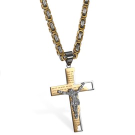 Cupimatch Men's Vintage, Stainless Steel, Crucifix Pendant Necklace with Engraving, Bible Prayer in English, Gold and Silver Byzantine Chain, 65 cm, Stainless Steel
