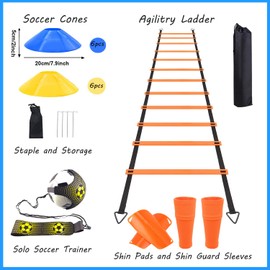 TGLITC Soccer Training Equipment Kit, Soccer Accessories 12 Rung 20Ft Agility Ladder, 12 Soccer Cones, Soccer Trainer, Small Shin Guard&Sleeves - Practice Training Equipment Gifts for boy Girls