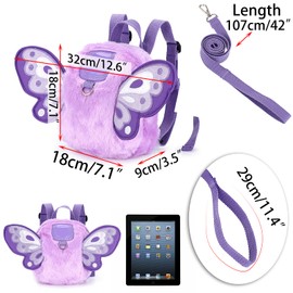 BTSKY Fluff Butterfly Baby Toddler Backpack Bag with Safety Rein - Kids Walking Harness Anti-Lost Harness Leash Strap Belt, Purple