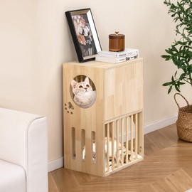 PETSITE 2-Storey Wood Cat House for Indoor Cats, Natural Wooden Double Decker Cat Condo with Removable and Washable Soft Cushions, Air Vents, and Side Entries, Modern Pet Furniture Side Table