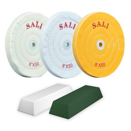 SALI 3 Pack Polishing Wheel for Bench Grinder Buffing Wheel 8 inch Yellow-Coarse White-Medium White -Fine (50 Ply) for 5/8'' Arbor Buffer Polisher Polish Pad with Polishing Compound Kit