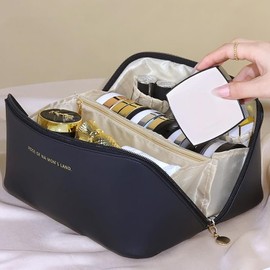 KNETAP 3 Set Makeup Bag- Large Capacity Travel Cosmetic Bag Plus Makeup Brush Holder Pouch, Open Flat Cosmetic Organizer Bag for Women, Portable PU Toiletry Bag Make Up Organizer (Black)