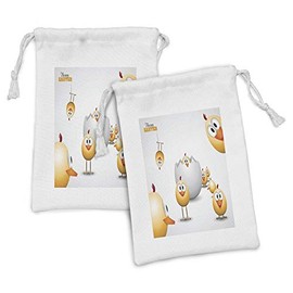 Ambesonne Easter Fabric Pouch Set of 2, Happy Chicks Emerging out of a Cracked Egg Funny Cartoon Style Animals, Small Drawstring Bag for Toiletries Masks and Favors, 9" x 6", Orange Yellow White