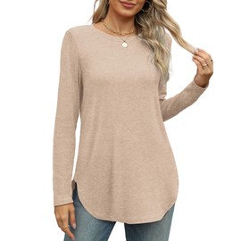 XIEERDUO Tunic Tops to Wear With Leggings Long Sleeve Shirts for Women 2025 Round Neck Fall Clothes Beige XL