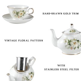 Sweejar Porcelain Tea Sets, Vintage British Floral Relief Gold Rimmed Teapot Cup and Saucer Set, Tea Set Service for 6, with Teapot, Sugar Bowl, Milk Jug, Spoons, Tea Cup and Saucer (Camellia)
